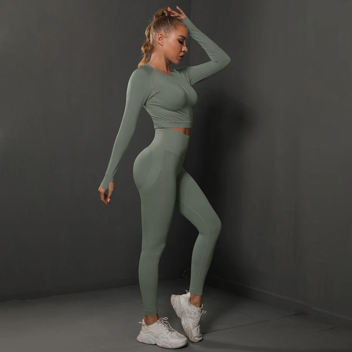 Seamless Peachy Bottom Leggings With Long Sleeve Push Up Crop Top Set