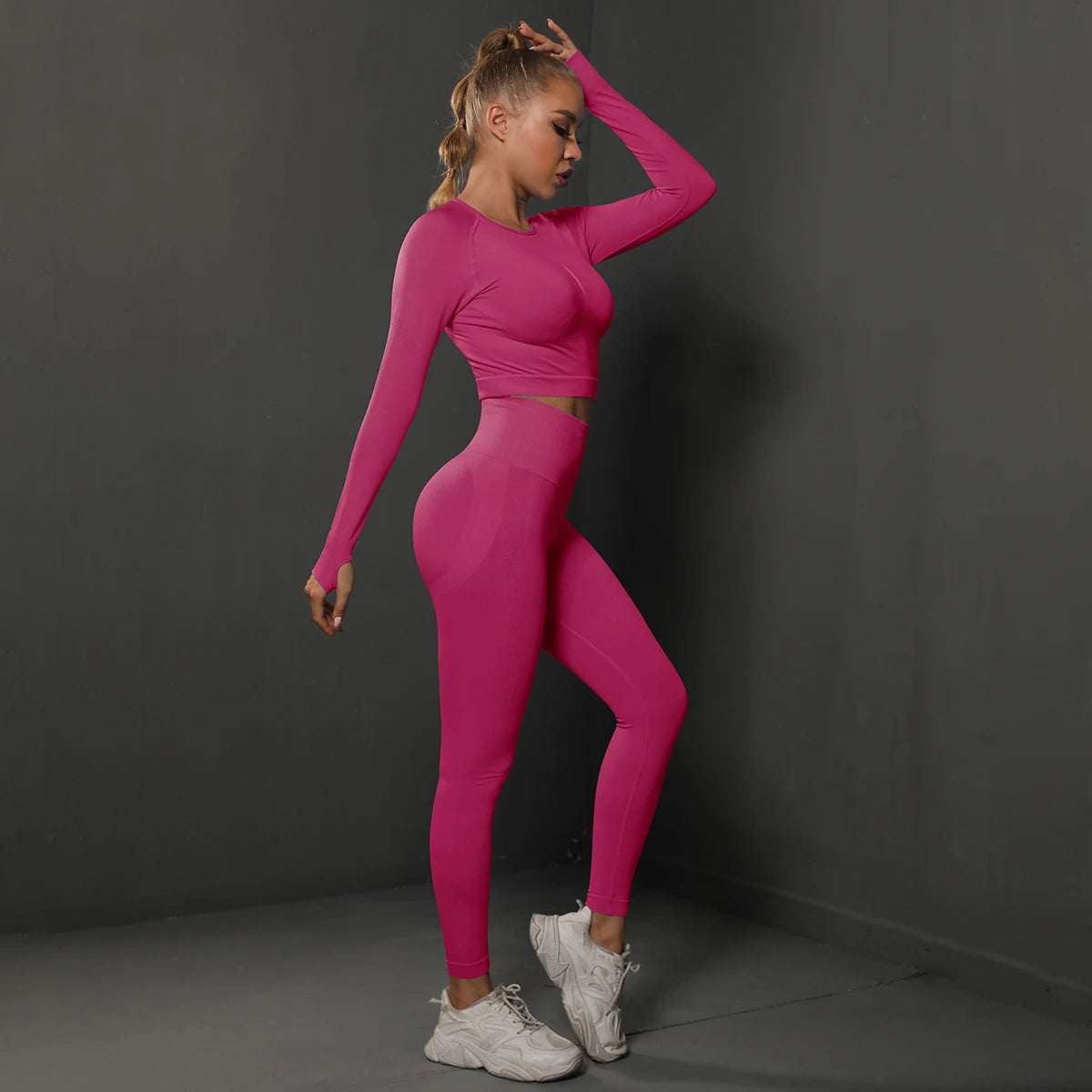 Seamless Peachy Bottom Leggings With Long Sleeve Push Up Crop Top Set