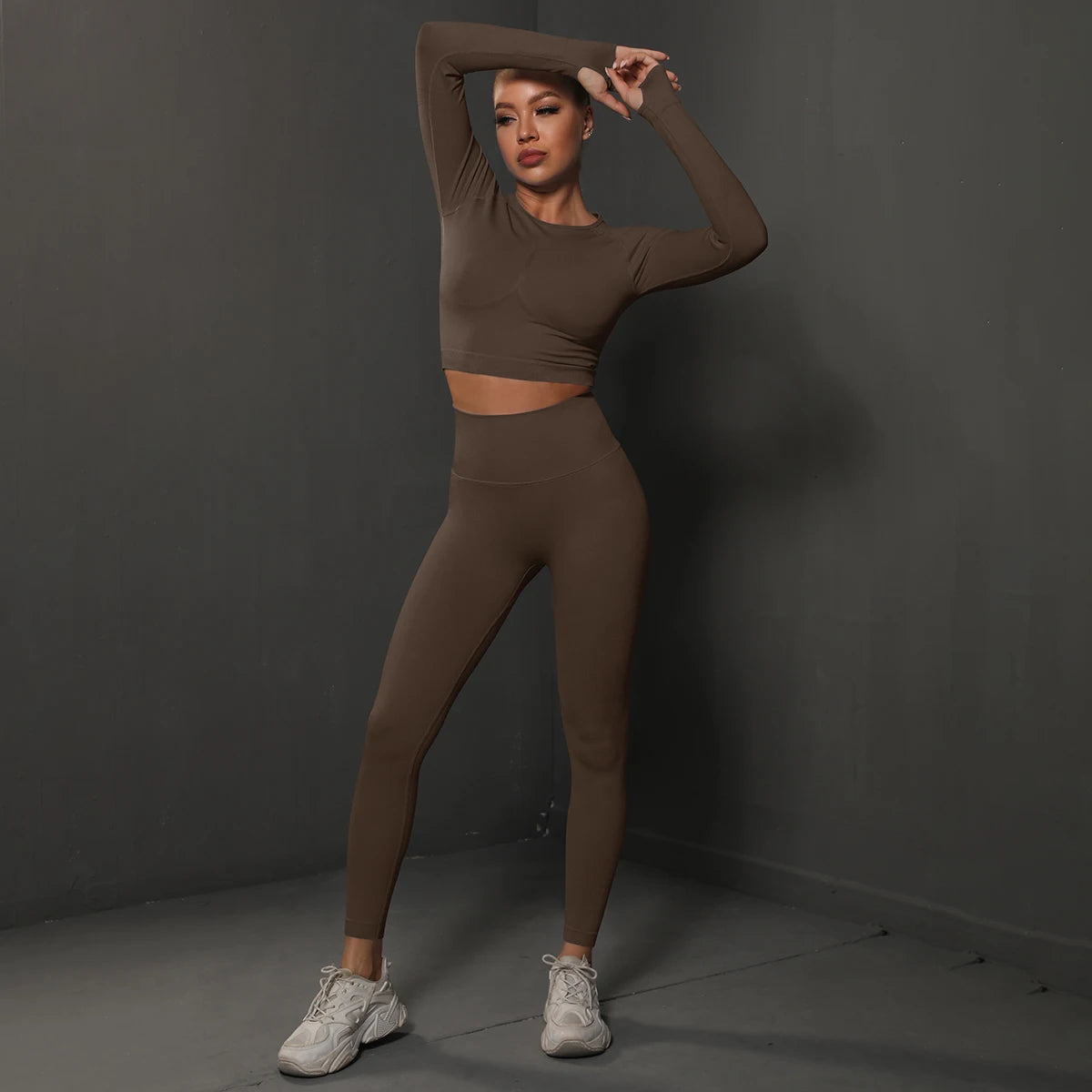 Seamless Peachy Bottom Leggings With Long Sleeve Push Up Crop Top Set