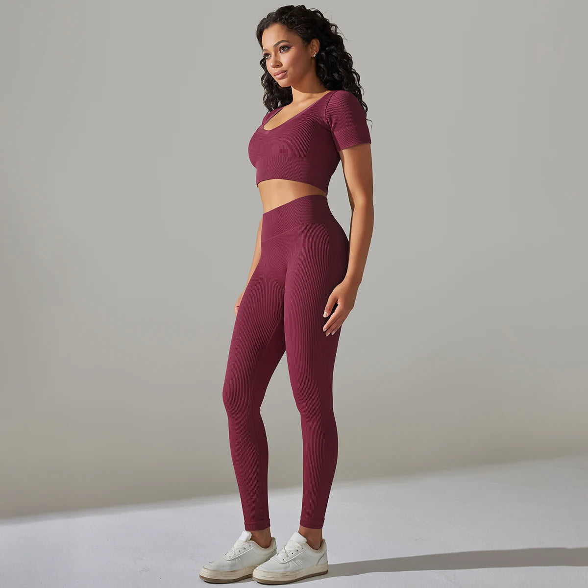 High Waist Peachy Bottom Leggings And V-Neck Crop Top Set