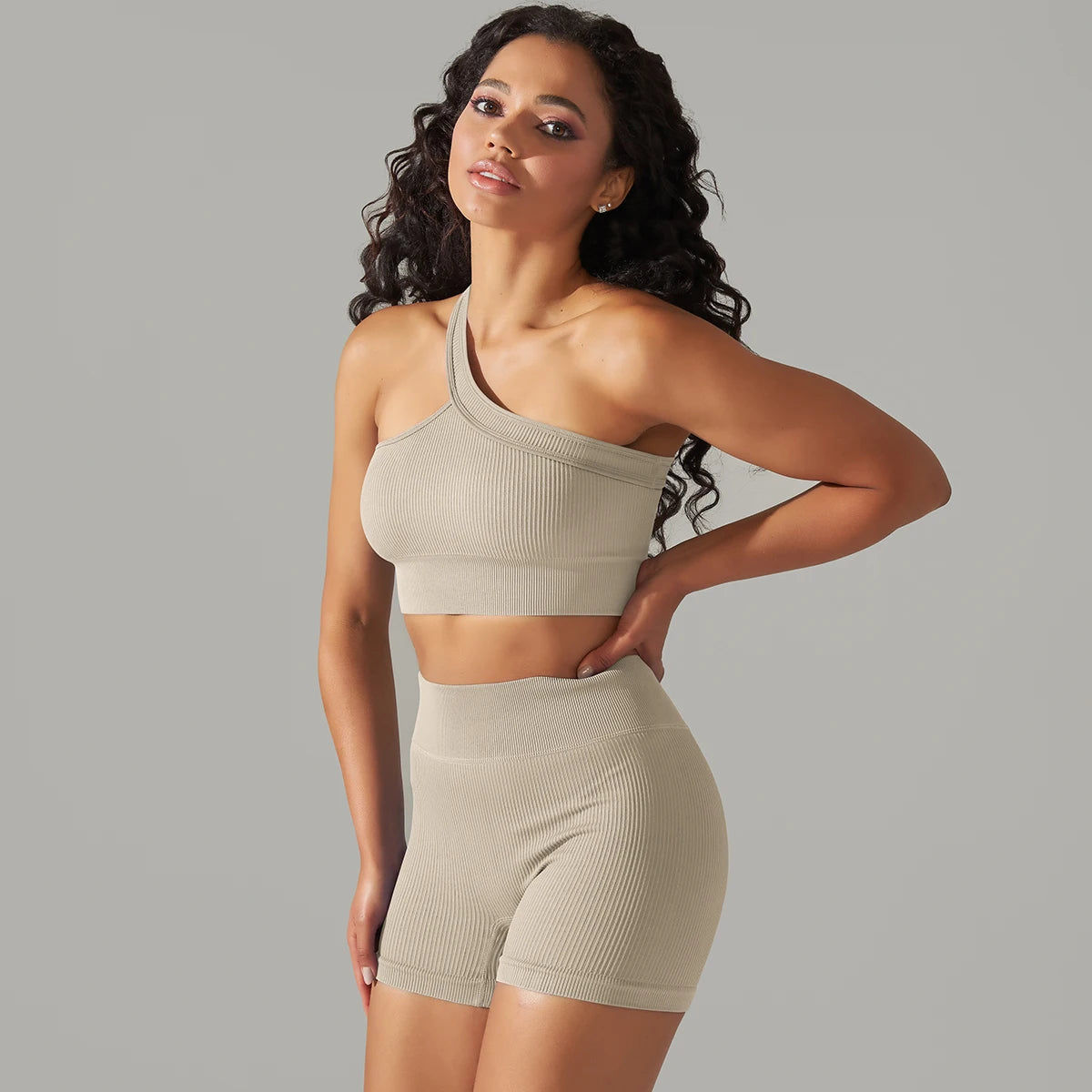 High Waist Peachy Bottom Shorts And Single Strap Peachy Tube Crop Top Set