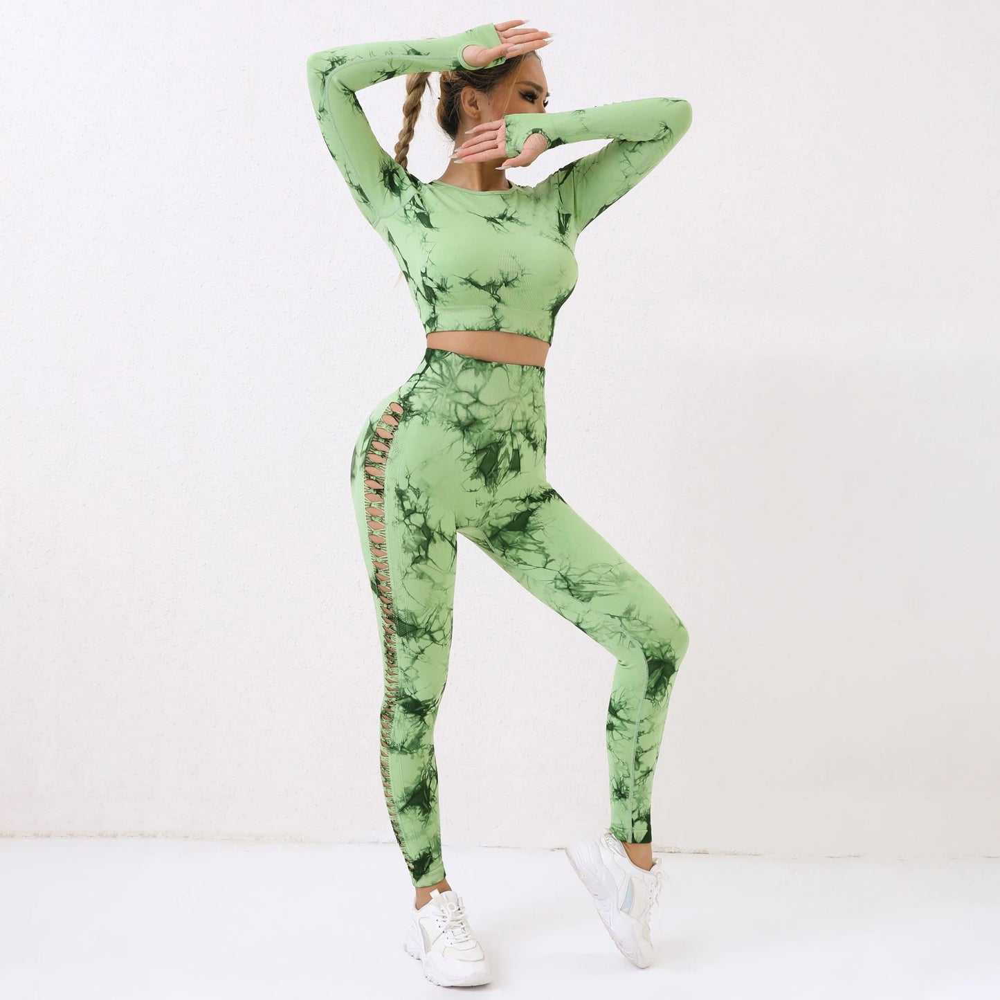 Tye Dye Hight Waist Peachy Fit Leggings And Long Sleeve Crop Top Set