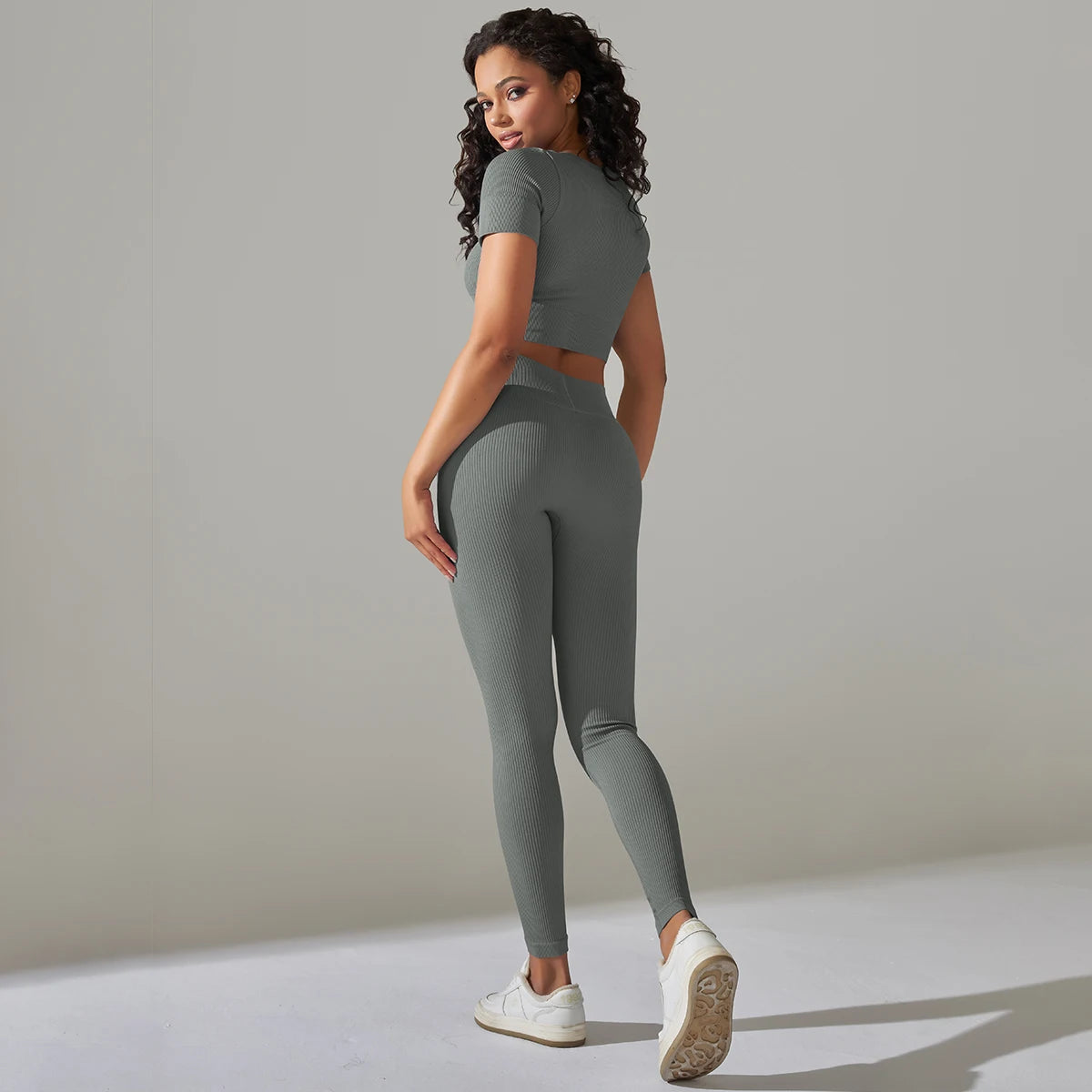 High Waist Peachy Bottom Leggings And V-Neck Crop Top Set