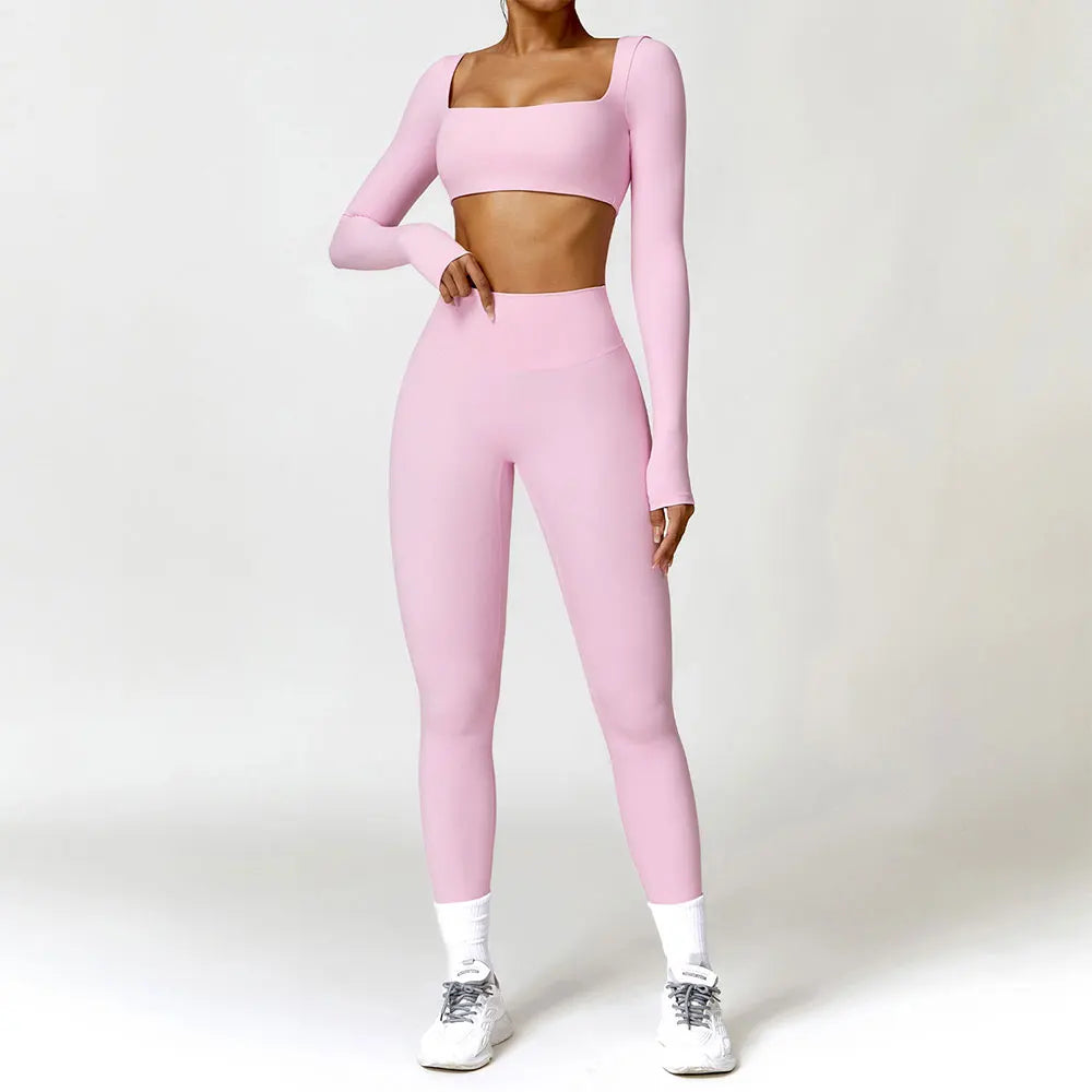 Buttery Soft High Waist Peachy Snatched Bottoms With Sleek long Sleeve Crop Top Set