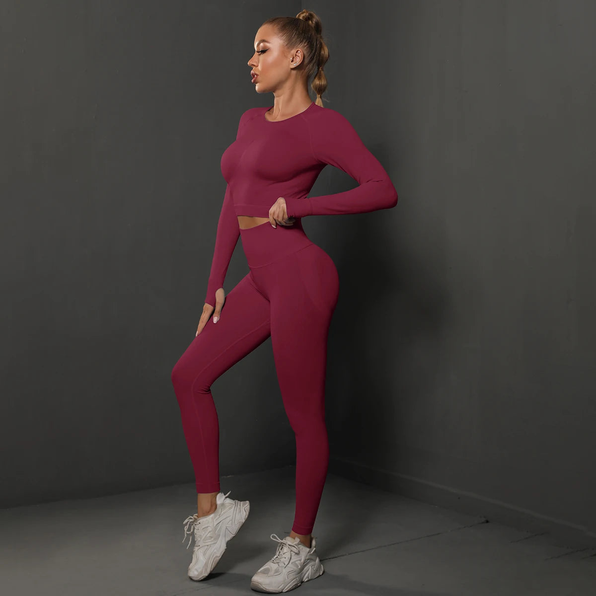 Seamless Peachy Bottom Leggings With Long Sleeve Push Up Crop Top Set