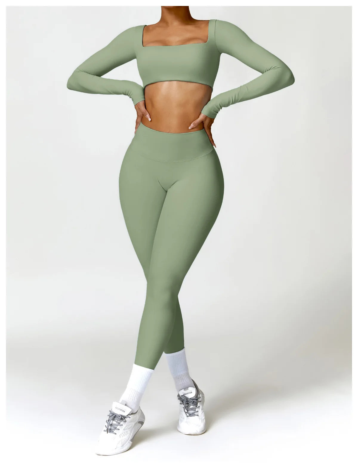 Buttery Soft High Waist Peachy Snatched Bottoms With Sleek long Sleeve Crop Top Set